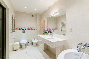 Russia, Moscow- May 21, 2020: interior apartment room bathroom, sink, decorative elements, toilet