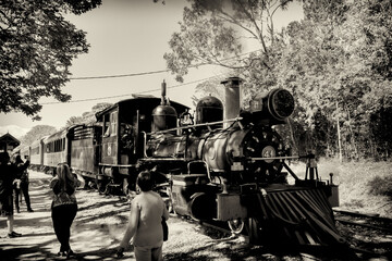 B&W photo of a old locomotive used in tourism trip at Tiradentes, State of Minas Gerais, Brazil.