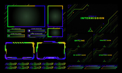 twitch Stream Facecam OBS Template Light Green Blue Game frame overlay design Pack.