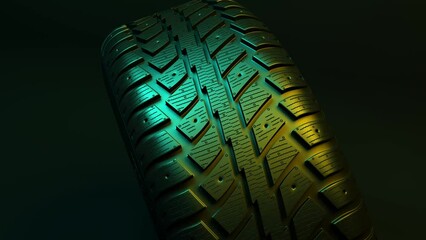 4K. Seamless looping animation of spinning car wheel. New car tire profile. Tire tread. Black rubber automotive tire. Auto service concept, changing wheels. Tire shop. 3d animation.