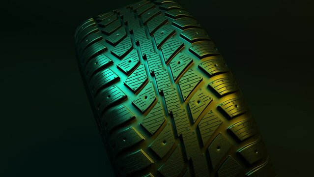 4K. Seamless looping animation of spinning car wheel. New car tire profile. Tire tread. Black rubber automotive tire. Auto service concept, changing wheels. Tire shop. 3d animation.