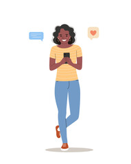 Young woman with dark skin looks into the smartphone. Woman stands full height. Vector flat style  illustration