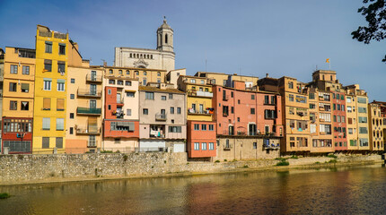 Panoramic view of the colored houses of Girona on the river.