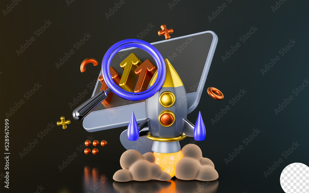 Poster computer monitor with rocket magnify glass up arrow sign on dark background 3d render concept