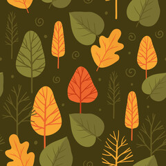 Mysterious forest pattern. Trees and leaves with twigs on an endless background. Forest background.