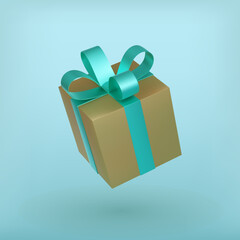 Christmas golden gift box with turquoise ribbon bow.