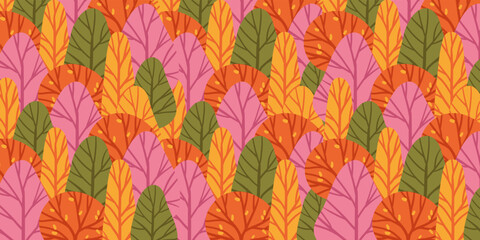 Forest endless background. Colorful trees in doodle style. Seamless background.