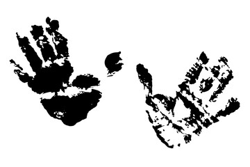 Human hand print, palm and fingers quintuple, black and white shabby footprint