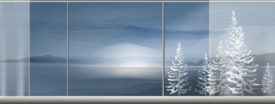 Panoramic window with winter view. Norway landscape. Minimalist vector illustration suitable for banners, booklets, web, brochures, flyers, advertisements.