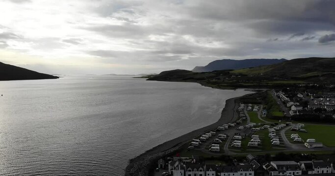 Aerial view of rural areas in the Scottish Highlands near Ullapool