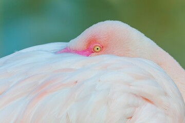 Closeup shot of a pink flamingo hidden in its plumage