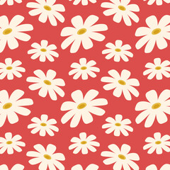 Little white flower field on red background vector. Cute floral pattern.
