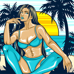 beach illustration with model with vibrant collor