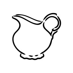 Milk jug silhouette. Creamer jug for serving with coffee or tea. Tradition of drinking coffee with milk. Tea time. Design element for cafes, food delivery sites and restaurants. Sketch, linear drawing