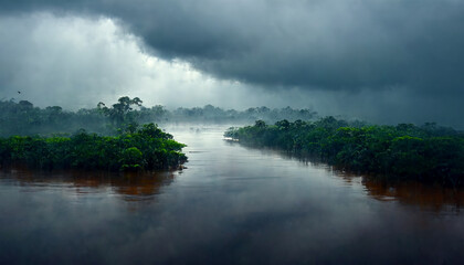 Amazon river rain forest cloudy sky green trees view
