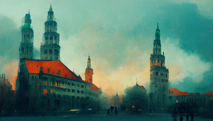 Fototapeta na wymiar Munich cityscape street colorful cloudy sky