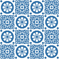 Azulejo ceramic tiles retro motif for interior decor, blue indigo geometric vector Illustration