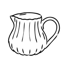 Milk jug silhouette. Creamer jug for serving with coffee or tea. Tradition of drinking coffee with milk. Tea time. Design element for cafes, food delivery sites and restaurants. Sketch, linear drawing