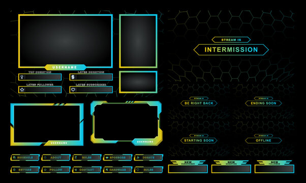 twitch Stream Facecam OBS Template Yellow Light Blue Game overlay design Pack.