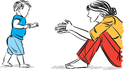 little baby first steps mom with son learning to walk vector illustration