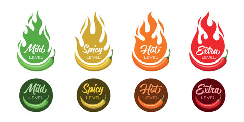 Set of spicy level labels. Chili, jalapeno, tabasco pepper flavor stickers with burning flames. 3d realistic vector illustration. - obrazy, fototapety, plakaty