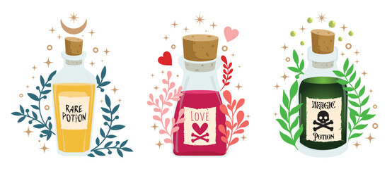 Colorful potions set, Rare Poison, Love Potion, and Magic potion Surrounded by leaves and stars. Vector fantasy and fairy tale.