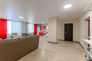 Russia, Moscow- May 21, 2020: interior apartment kitchen and dining room, refectory area cooking equipment, table furniture stove