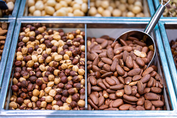 hazelnuts and almonds on a market