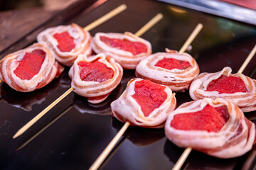 Fresh raw meatballs on a market