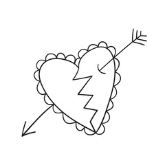 Isolated vector illustration of broken heart. Cute thin line icon for design, cover etc.