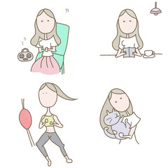 若い女性のストレス解消のセットイラスト