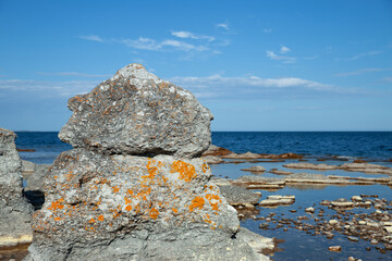 High rocks on the island
fossilized coral reef  Gotland Sweden Faro  - 528971201