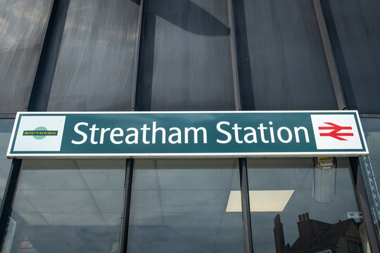 London- Streatham Station sign and Southern logo, a railway station in south west London
