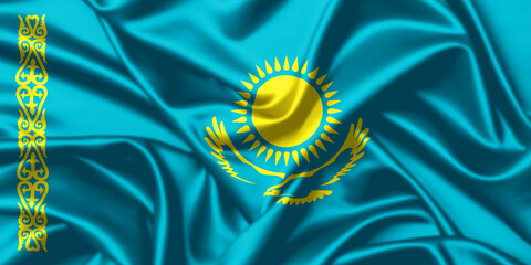 Kazakhstan waving national flag close up silk texture satin illustration background.
