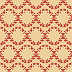 Greek circle ornament seamless pattern. Round greece icon with maze frame. Ethnic vector illustration. Meander antique ring with insignia relief of ancient goddess