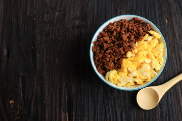Top View Tori Soboro Don, Japanese Rice Bowl Menu with Stir Fry Beef or Chicken Soy Sauce and Scrambled Egg