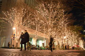 丸の内仲通り　冬のイルミネーション　マスクをして歩くカップル　Japanese couple wearing surgical mask on illuminated Marunouchi Nakadori Street in Tokyo during winter