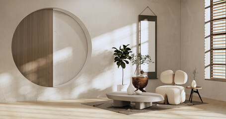 Armchair sofa and decoration japanese on Modern room interior wabisabi style.3D rendering