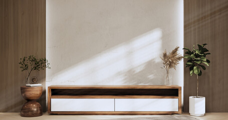 Cabinet room wooden interior wabisabi and armchair sofa and decoration japanese style.3D rendering