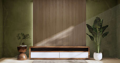 Cabinet on green room wooden interior wabisabi and armchair sofa and decoration japanese style.3D rendering
