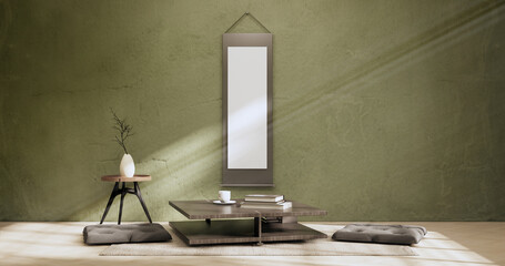Green Modern room interior wabisabi style and sofa and decoration japanese.3D rendering