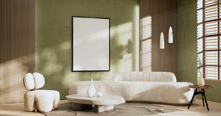 Green Modern room interior wabisabi style and sofa and decoration japanese.3D rendering