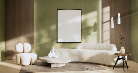 Green Modern room interior wabisabi style and sofa and decoration japanese.3D rendering