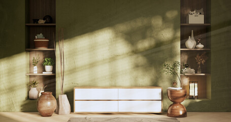 Cabinet on green room wooden interior wabisabi and armchair sofa and decoration japanese style.3D rendering