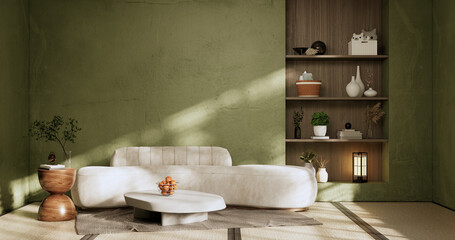 Green Modern room interior wabisabi style and sofa and decoration japanese.3D rendering