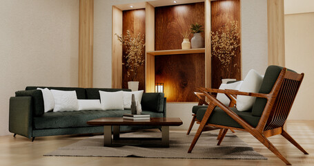 sofa and decoration japanese on Modern room interior wabisabi style.3D rendering