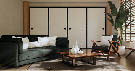 sofa and decoration japanese on Modern room interior wabisabi style.3D rendering