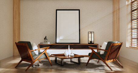 Cabinet room wooden interior wabisabi and armchair sofa and decoration japanese style.3D rendering