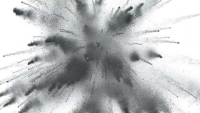 Black Explosion of Particles Powder Dust Animation White Background. Bright Coal Burst Colorful Paint in Slowmotion. Abstract 3d Graphic Exploding. Effect Blowup Stone. Wave Splash Backdrop Close-up