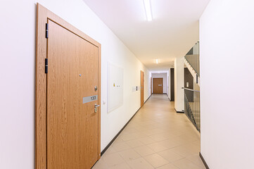 Russia, Moscow- May 21, 2020: interior apartment public place, entrance of the house. doors, walls, corridors staircase